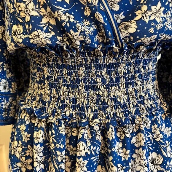 Max Studio Royal Blue Floral Smocked Tiered Mini Dress w/Flutter Sleeves Size S - Picture 4 of 10